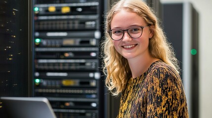 Smiling IT Professional Laptop Server Room Network Maintenance Task