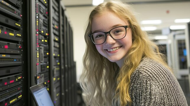 Smiling Blonde IT Specialist Laptop Operating Servers Modern Data Center Environment