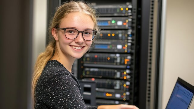 Blonde Technician Smiling in Data Center Operating Modern Secure Server Networks - Powered by Adobe