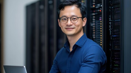 Asian IT Expert Operating System Server Room Organized Professional Environment