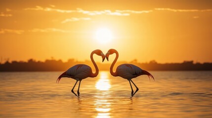 Naklejka premium Two flamingos forming a heart shape at sunset.