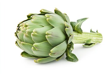 Obraz premium A large green artichoke with tightly packed leaves, isolated on a white background