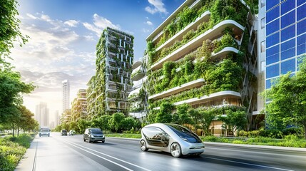Obraz premium Urban Oasis of 2025: Autonomous Electric Vehicles on Smart Roads, Flanked by Vertical Gardens and Solar Arrays - Epitome of Sustainable Innovation