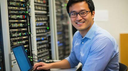 Confident IT Specialist Working Modern Server Room Managing Network Infrastructure Setup