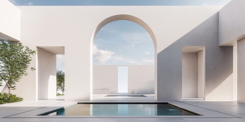 Fototapeta premium A serene, modern architectural space featuring an elegant pool framed by minimalist white walls and a large arch, complemented by greenery and a bright sky.