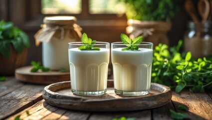 Refreshing Mint Yogurt Glasses on Rustic Wooden Table