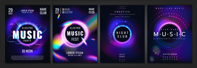 Party music background. Poster light particles. Electronic tune. Night club show flyer. Electro audio. Sparkle effect design banner. Neon billboard glitter. Rainbow spectrum. Vector DJ disco cards set