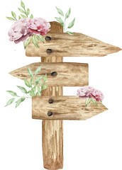 Watercolor wooden sign board with flowers