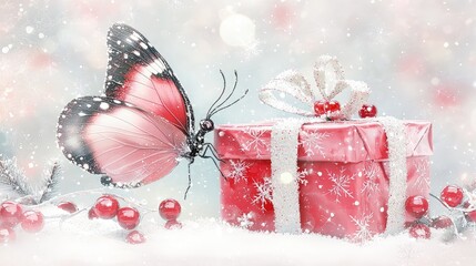 Obraz premium A pink and black butterfly lands on a red Christmas gift box wrapped with a white ribbon in a snowy winter landscape filled with soft bokeh lights and red berries.