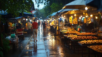 Obraz premium People walking down a wet market street at night.
