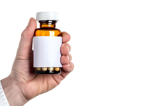 Hand holding a clear medicine bottle with blank label isolated on transparent background. high resolution PNG file. created with Generative AI technology