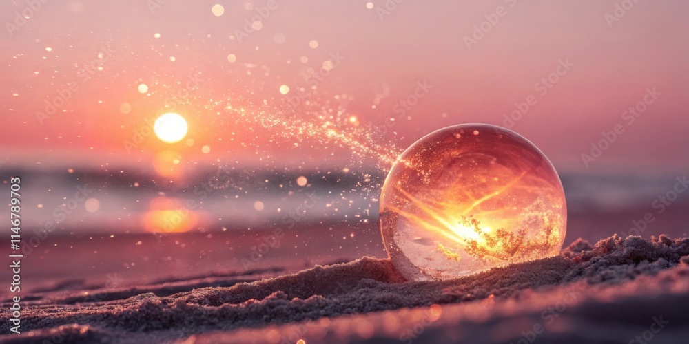 Poster a crystal ball captures the warmth of a sunset on a beach with a gentle breeze creating sparkling du