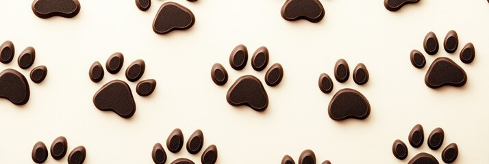 Obraz premium Chocolate paw prints pattern on beige background.
