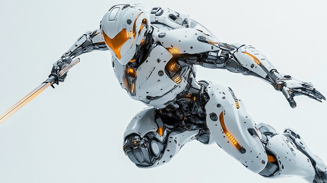 Futuristic white robot warrior in action with glowing orange accents, wielding a sword.