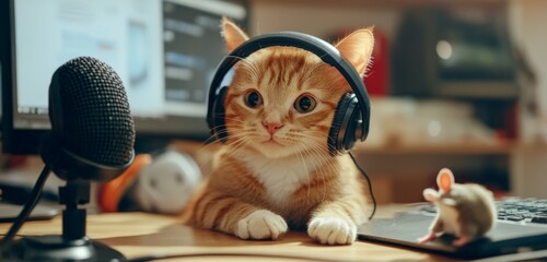 A cat wearing a headset sitting at a desk with a microphone, pretending to be in a virtual meeting