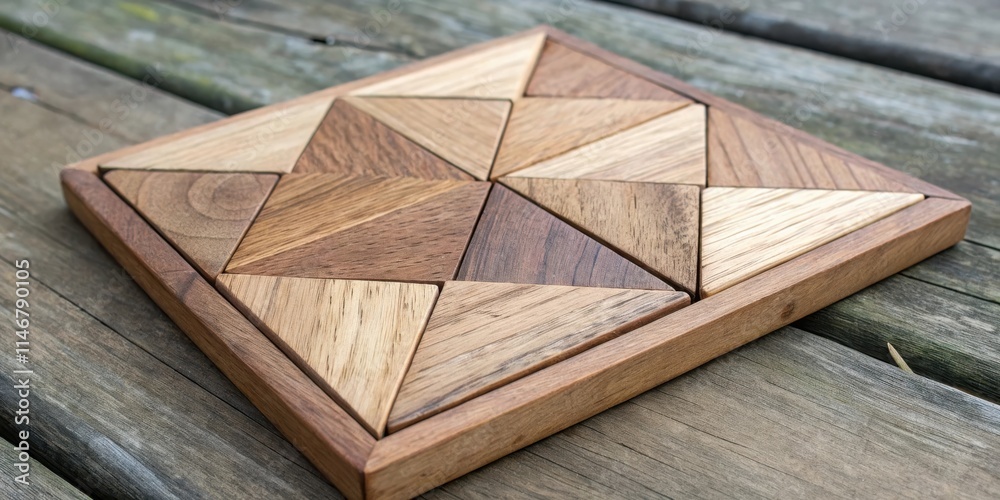 Aufkleber Wooden Triangle Puzzle with Intricate Grain Patterns and a Geometric Design on a Weathered Wooden Surface