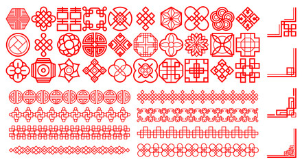 Chinese frame. Japanese icon. Asian pattern. Square oriental border. Line creative background. Geometric invitation divider. Graphic red Asia symbols. Flower and lantern. Vector ornament shapes set