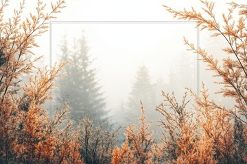 Obraz premium A foggy landscape with autumn foliage framing a serene forest scene.