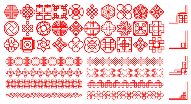 Chinese frame. Japanese icon. Asian pattern. Square oriental border. Line creative background. Geometric invitation divider. Graphic red Asia symbols. Flower and lantern. Vector ornament shapes set