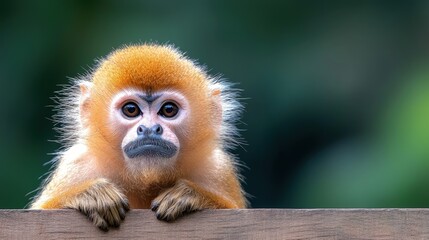 Naklejka premium Adorable golden monkey peeking over wood.