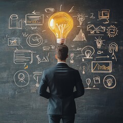 A businessman stands before a chalkboard filled with creative ideas and symbols of innovation.