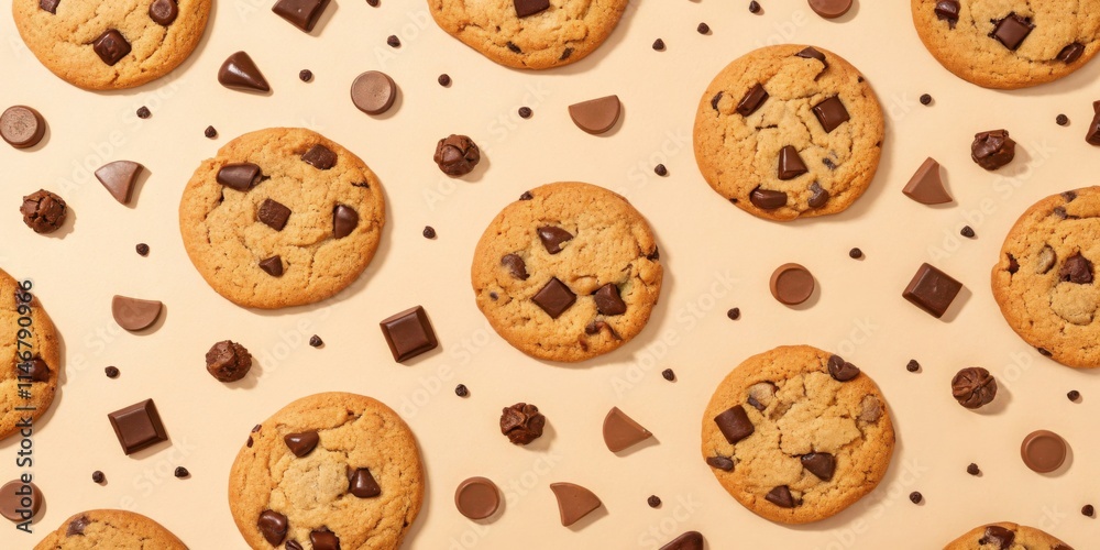 Aufkleber a close-up overhead shot of a seamless pattern of chocolate chip cookies and various chocolate piece
