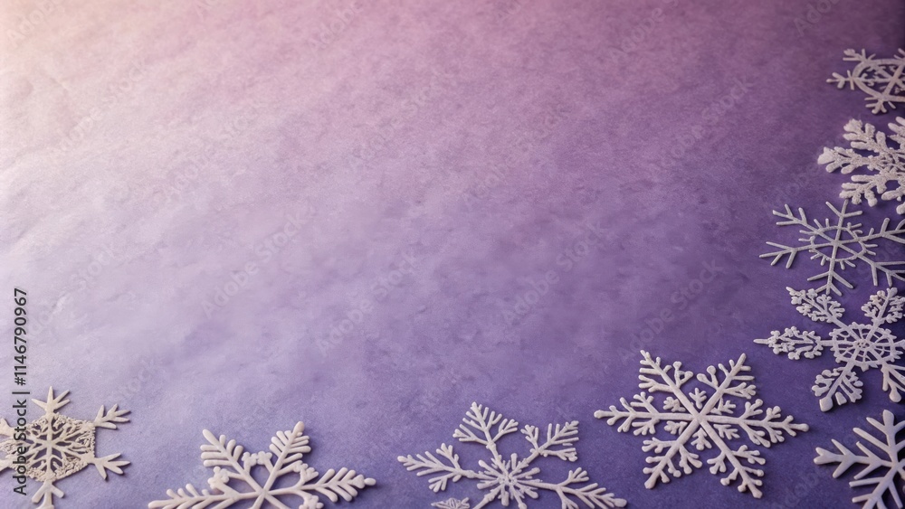 Poster delicate white snowflakes on a soft lilac background with ample copy space for wintery greetings