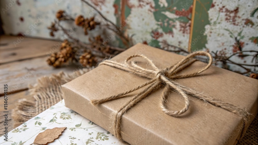 Poster A simply wrapped gift box with twine tied in a bow, resting on a patterned paper with a rustic background.