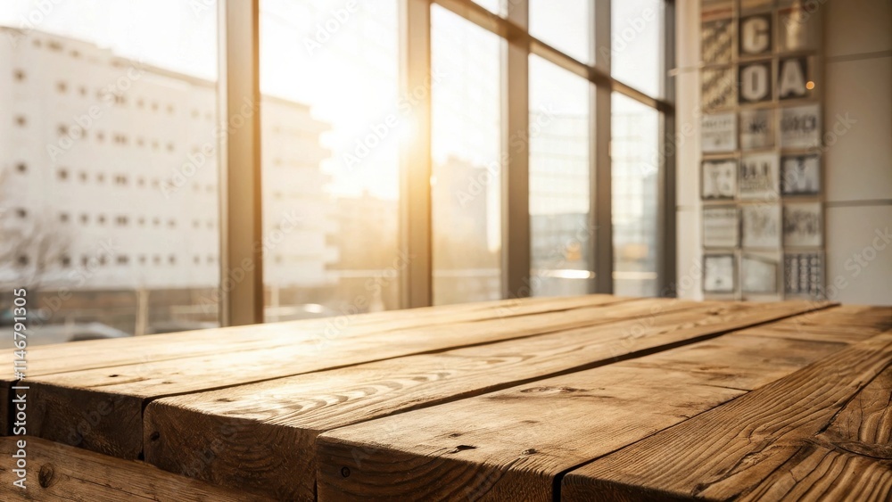 Aufkleber Wooden table surface with a view of a cityscape through a window with sunlight streaming in.