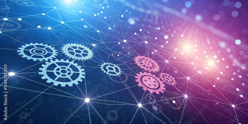 Poster abstract digital network with glowing nodes and interconnected gears representing complex systems an