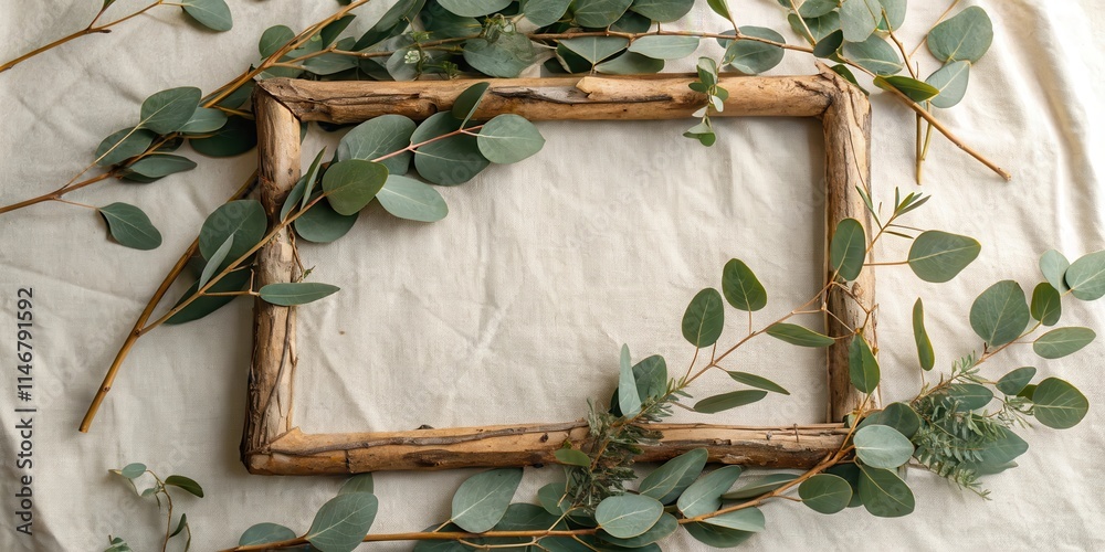 Aufkleber Rustic Wooden Frame Adorned with Greenery, Creating a Natural and Elegant Composition for a Blank Canvas