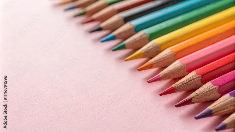 Poster a row of colorful pencils on a soft pink surface, their vibrant hues creating a spectrum of creativi