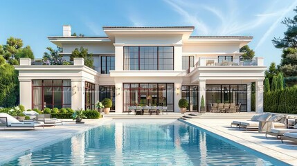 Fototapeta premium Luxury Modern Villa with Pool and Garden: A Serene Oasis of Tranquility and Elegance