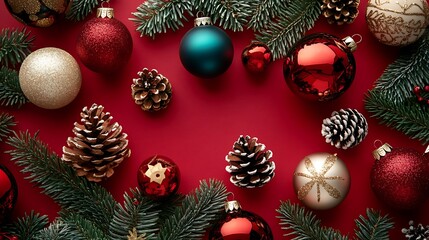 Festive christmas ornaments holiday decor red background still life