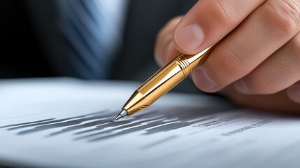 A close-up of a businessman signing a document with a golden pen.