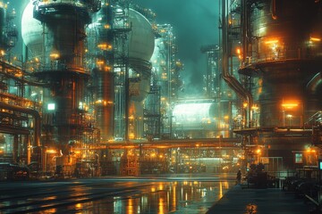A futuristic industrial complex illuminated by orange lights amidst a misty atmosphere.