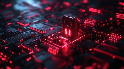 Cybersecurity event digital lock on circuit board technology dark