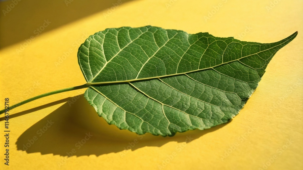 Aufkleber a single leaf with intricate veins rests on a vibrant yellow surface, casting a delicate shadow.