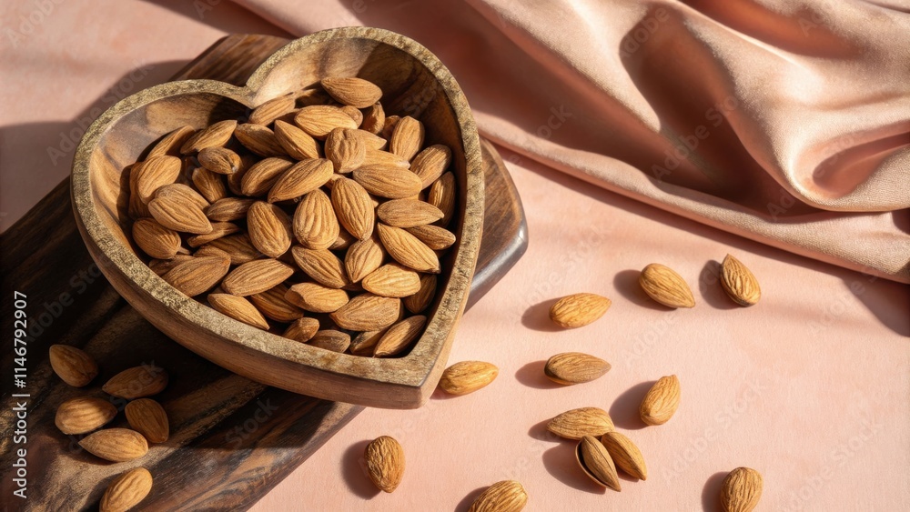 Poster a heart-shaped bowl filled with almonds rests on a wooden board, scattered almonds and a soft blush 