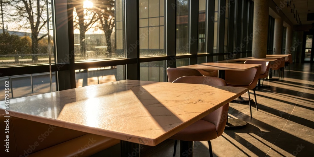Poster A row of tables and chairs in a modern dining area with large windows that allow the afternoon sun to cast long shadows on the floor