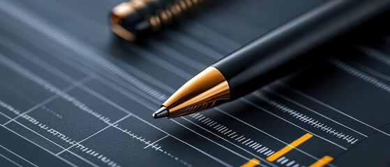 Close-up of a luxury pen on a business report showcasing financial charts.