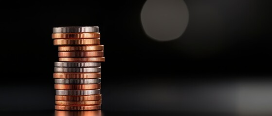Close-up of stacked coins against a dark background, symbolizing wealth and investment.