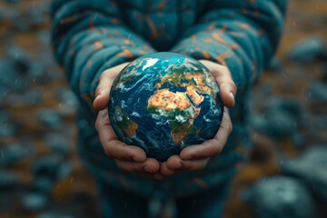 Colorful globe held in hands against natural backdrop symbolizes environmental awareness and global unity in action. Generative AI