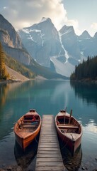 Two rustic wooden boats rest peacefully at a dock, surrounded by serene waters reflecting towering mountains and lush forests. This breathtaking scene captures the essence of natures tranquility
