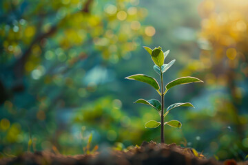 Obraz premium Young plant growing in vibrant forest during golden hour surrounded by soft natural light. Generative AI