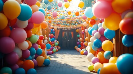 Colorful balloon archway celebration festive venue event decor