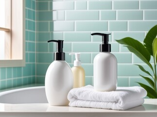 White cosmetic bottles and towels arranged in a bright bathroom with green tiles and a potted plant
