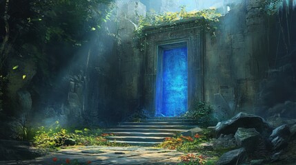 Enchanted Mystical Doorway Surrounded by Lush Green Forest Lighting