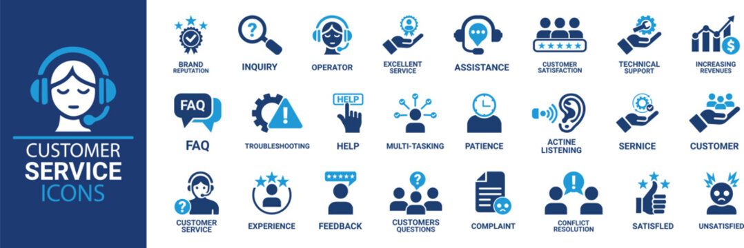 Customer service icon set. Containing customer satisfied, assistance, experience, feedback, operator and technical support icons. Solid icon collection.