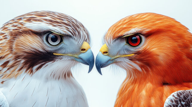 Two hawks face each other, one brown and white, the other orange. - Powered by Adobe